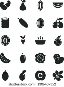 Solid Black Vector Icon Set - hot porridge vector, cucumber, pear, half apricot, squash, mulberry, tasty cornels, melon, water slice, of tangerine, sweet date fruit, tamarillo, sour lime, guawa