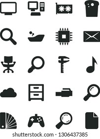 Solid Black Vector Icon Set - magnifier vector, children's bathroom, color samples, nightstand, Easter cake, calipers, computer, cpu, gpu card, monitor, lan connector, note, joystick, chair, mail