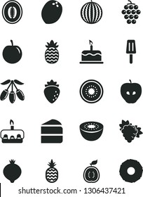 Solid Black Vector Icon Set - cake vector, piece of, torte, popsicle, a pineapple, branch grape, large, tasty apple, raspberry, medlar, water melon, goji berry, half, plum, kiwi, guawa, coconut