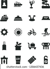 Solid Black Vector Icon Set - train vector, taxi, bike, backpacker, identity card, security gate, rolling suitcase, passort control, sun, uv cream, cocktail, aquapark, baggage, cruiser, palm hammok