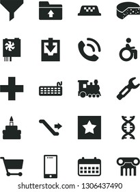 Solid Black Vector Icon Set - plus vector, download archive data, upload folder, smartphone, phone call, cheese, birthday cake, steel repair key, cart, filter, calendar, keyboard, pc power supply