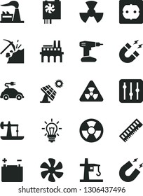 Solid Black Vector Icon Set - drill vector, power socket type f, regulator, marine propeller, big solar panel, oil derrick, coal mining, factory, accumulator, industrial enterprise, radiation