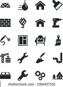 Solid Black Vector Icon Set - repair key vector, tower crane, house, brickwork, hook, big core, trowel, concrete mixer, window, cordless drill, wooden paint brush, siphon, building block, pavement