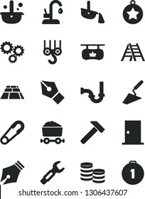 Solid Black Vector Icon Set - safety pin vector, winch hook, trowel, ladder, sewerage, ntrance door, paving slab, kitchen faucet, hammer, steel repair key, metallurgy, production, trolley with coal