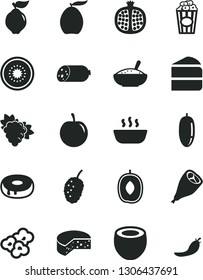 Solid Black Vector Icon Set - sausage vector, cheese, piece of cake, with a hole, bowl rice porridge, hot, grill chicken leg, popcorn, cup, half pomegranate, branch grape, quince, tasty mulberry