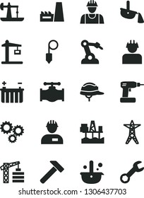 Solid Black Vector Icon Set - tower crane vector, builder, workman, cordless drill, helmet, plummet, hammer, commercial seaport, oil derrick, valve, battery, power line, thermal plant, Construction