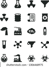 Solid Black Vector Icon Set - round flask vector, manufacture, factory, oil, barrel, industrial building, radiation, carbon dyoxide, filter, water, research article, test tube, molecule, nuclear