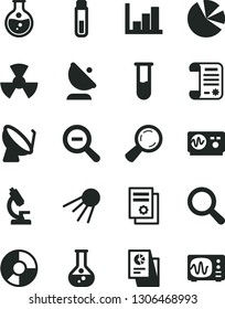 Solid Black Vector Icon Set - magnifier vector, zoom out, negative histogram, artificial satellite, round flask, radiation, dish, antenna, ring diagram, pie charts, statistical research, article