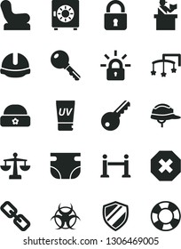 Solid Black Vector Icon Set - mark of injury vector, spectacles, scales, toys over the cot, nappy, Baby chair, warm hat, construction helmet, lock, key, strongbox, encrypting, biohazard, uv cream