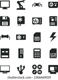 Solid Black Vector Icon Set - lightning vector, floppy disk, monitor, screen, math actions, assembly robot, SIM card, calculator, pc power supply, tower, motherboard, usb, oscilloscope, resistor