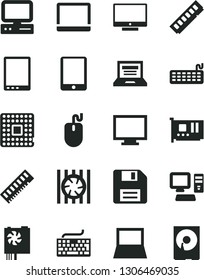 Solid Black Vector Icon Set - floppy disk vector, laptop, monitor, keyboard, screen, processor, computer, tablet pc, notebook, radiator fan, mouse, power supply, memory, card, hdd