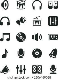 Solid Black Vector Icon Set - horn vector, loudspeaker, drumroll, drum, bell, headphones, microphone, CD, regulator, volume, pc card, speaker, note, settings
