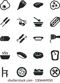 Solid Black Vector Icon Set - plates and spoons vector, a chair for feeding, sausage, pizza, Hot Dog, mini, noodles, porridge, lettuce in plate, grill chicken leg, chop, barbecue, meat on skewers