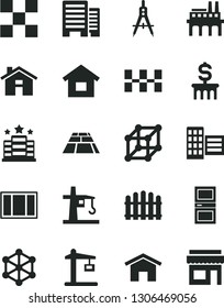 Solid Black Vector Icon Set - house vector, dwelling, window frame, interroom door, buildings, city block, tile, ceramic tiles, hedge, paving slab, home, industrial enterprise, tower crane, 3d cube