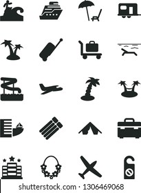 Solid Black Vector Icon Set - suitcase vector, plane, camper, rolling case, hotel, tent, beach, arnchair under umbrella, palm tree, hawaii wreath, aquapark, surfing, baggage, cruiser, hammok