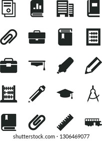 Solid Black Vector Icon Set - clip vector, briefcase, graphite pencil, yardstick, book, new abacus, e, portfolio, buildings, scribed compasses, text highlighter, on statistics, graduate hat, bus