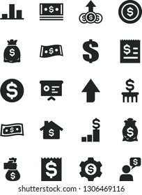 Solid Black Vector Icon Set - upward direction vector, dollar, chart, article on the, financial item, dollars, cash, report, money bag hand, coin, mortgage, pedestal, column, gear, growth, dialog