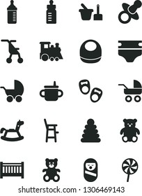 Solid Black Vector Icon Set - baby cot vector, dummy, mug for feeding, bottle, measuring, diaper, bib, stroller, carriage, sitting, stacking rings, roly poly doll, toy sand set, a chair child, small