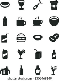 Solid Black Vector Icon Set - measuring cup for feeding vector, bottle, e, packing of juice with a straw, coffee, burger, plate milk, beans, tea, coffe to go, cocktail, glass, soda can, liquor, half