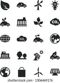 Solid Black Vector Icon Set - sign of the planet vector, paper bag, big solar panel, leaves, leaf, windmill, wind energy, hydroelectric station, hydroelectricity, trees, eco car, electric, CO2, bulb