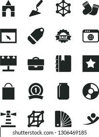 Solid Black Vector Icon Set - paper bag vector, warm socks, box of bricks, building trowel, color samples, notebook, label, jar, lighthouse, billboard with illumination, portfolio, ring diagram