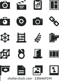 Solid Black Vector Icon Set - camera vector, scribbled paper, spectacles, roll, movie cracker, abacus, window, frame, picture, vintage sign, statistical report, 3d cube, laurel branch, gold ring