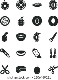 Solid Black Vector Icon Set - scissors vector, iron fork spoons, arm saw, knife, stationery, cheese, pizza, slices of onion, plum, half mango, peach, melon, cherry, passion fruit, juicy lemon, kiwi
