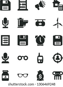 Solid Black Vector Icon Set - desktop microphone vector, floppy disk, camera roll, new abacus, toy mobile phone, estimate, alarm clock, jar of jam, windmill, antique advertising signboard, glasses