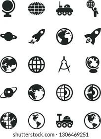 Solid Black Vector Icon Set - sign of the planet vector, globe, earth, scribed compasses, space rocket, core, saturn, lunar rover, man hold world