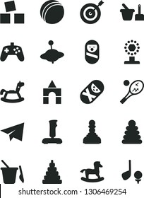 Solid Black Vector Icon Set - paper airplane vector, bath ball, stacking rings, toy, roly poly doll, tumbler, sand set, children's, yule, rocking horse, small, cubes for children, box of bricks, cup
