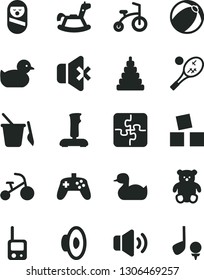 Solid Black Vector Icon Set - loudspeaker vector, rubber duck, baby duckling, bath ball, stacking toy, roly poly doll, phone, children's sand set, small teddy bear, rocking horse, cubes for children