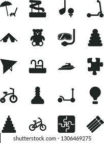 Solid Black Vector Icon Set - stacking rings vector, toy, small teddy bear, child bicycle, Kick scooter, Puzzle, Puzzles, pawn, air balloon, hang glider, bike, tent, arnchair under umbrella, pool