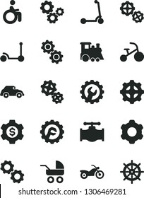 Solid Black Vector Icon Set - baby carriage vector, children's train, tricycle, Kick scooter, child, gears, cogwheel, gear, star, valve, retro car, dollar, motorcycle, disabled, handwheel