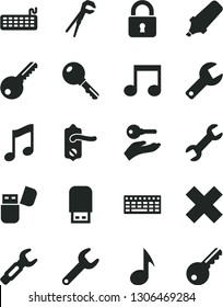 Solid Black Vector Icon Set - repair key vector, cross, adjustable wrench, door knob, lock, music, steel, text highlighter, keyboard, usb flash, note, arm with