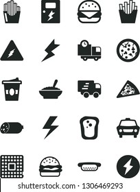 Solid Black Vector Icon Set - lightning vector, dangers, car, delivery, sausage, pizza, piece of, mini hot dog, big burger, a bowl buckwheat porridge, French fries, fried potato slices, coffe to go