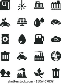 Solid Black Vector Icon Set - dust bin vector, drop, bag with handles, solar panel, leaves, gas station, factory, oil, hydroelectric, hydroelectricity, trees, industrial building, electric car, CO2