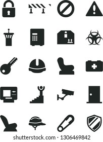 Solid Black Vector Icon Set - warning vector, prohibition, Baby chair, car child seat, safety pin, bag of a paramedic, key, ntrance door, construction helmet, road fence, lock, cardboard box, atm