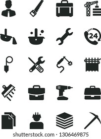 Solid Black Vector Icon Set - clean paper vector, tower crane, small tools, drill, arm saw, plummet, spatula, employee, case, pile, suitcase, 24, builder, cloth industry, gas welding, metallurgy