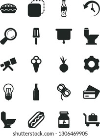Solid Black Vector Icon Set - cogwheel vector, toilet, comfortable, hawser, copy, Hot Dog, apple pie, beet, bottle of soda, popsicle, cone, jar jam, bulb, Glass, magnifier, history, telescope