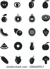 Solid Black Vector Icon Set - cucumber vector, blueberries, strawberry, ripe peach, tasty apple, rose hip, blueberry, mulberry, slice of melon, loquat, half, plum, cherry, pineapple, grapefruit