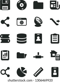 Solid Black Vector Icon Set - folder vector, books, estimate, connection, connections, statistical report, pie charts, morning paper, memory, cd, browser, connect, floppy, big data, clipboard
