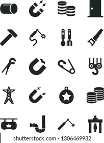 Solid Black Vector Icon Set - open pin vector, iron fork spoons, winch hook, adjustable wrench, hand saw, siphon, ntrance door, hammer, coins, power line, magnet, horseshoe, pipe, welding, gas