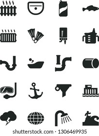 Solid Black Vector Icon Set - measuring cup for feeding vector, children's bathroom, sink, shower, sewerage, electronic boiler, anchor, storm cloud, small fish, soda can, water pipes, pipe, aluminum