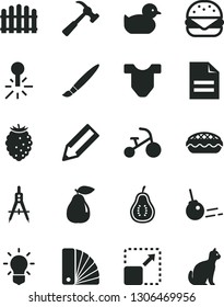 Solid Black Vector Icon Set - tassel vector, scribbled paper, Child T shirt, baby duckling, tricycle, color samples, hedge, hammer with claw, core, expand picture, big burger, apple pie, pear, bulb