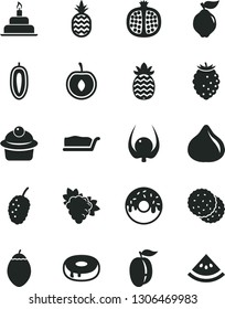 Solid Black Vector Icon Set - birthday cake vector, muffin, slice, with a hole, glazed, pineapple, biscuit, half pomegranate, branch of grape, quince, fig, tasty raspberry, mulberry, ripe plum