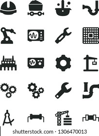 Solid Black Vector Icon Set - repair key vector, tower crane, cogwheel, sewerage, construction helmet, water pipes, industrial factory, processor, robot welder, steel, metallurgy, trolley with coal