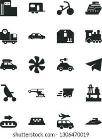 Solid Black Vector Icon Set - paper airplane vector, summer stroller, tricycle, delivery, cardboard box, sea port, marine propeller, modern gas station, production conveyor, electric car, helicopter