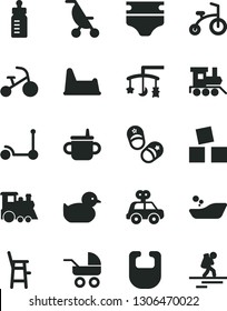 Solid Black Vector Icon Set - toys over the cradle vector, mug for feeding, bottle, diaper, bib, baby carriage, summer stroller, duckling, children's bathroom, motor vehicle present, potty chair