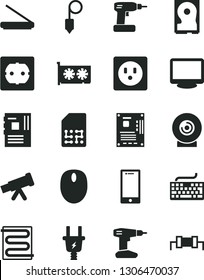 Solid Black Vector Icon Set - keyboard vector, cordless drill, power socket type f, plummet, heating coil, smartphone, lens, electric plug, SIM, mouse, motherboard, gpu card, monitor, hdd, scanner