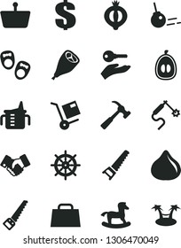 Solid Black Vector Icon Set - dollar vector, measuring cup for feeding, small rocking horse, shoes little children, hand saw, arm, hammer with claw, core, shipment, grill chicken leg, fig, loquat